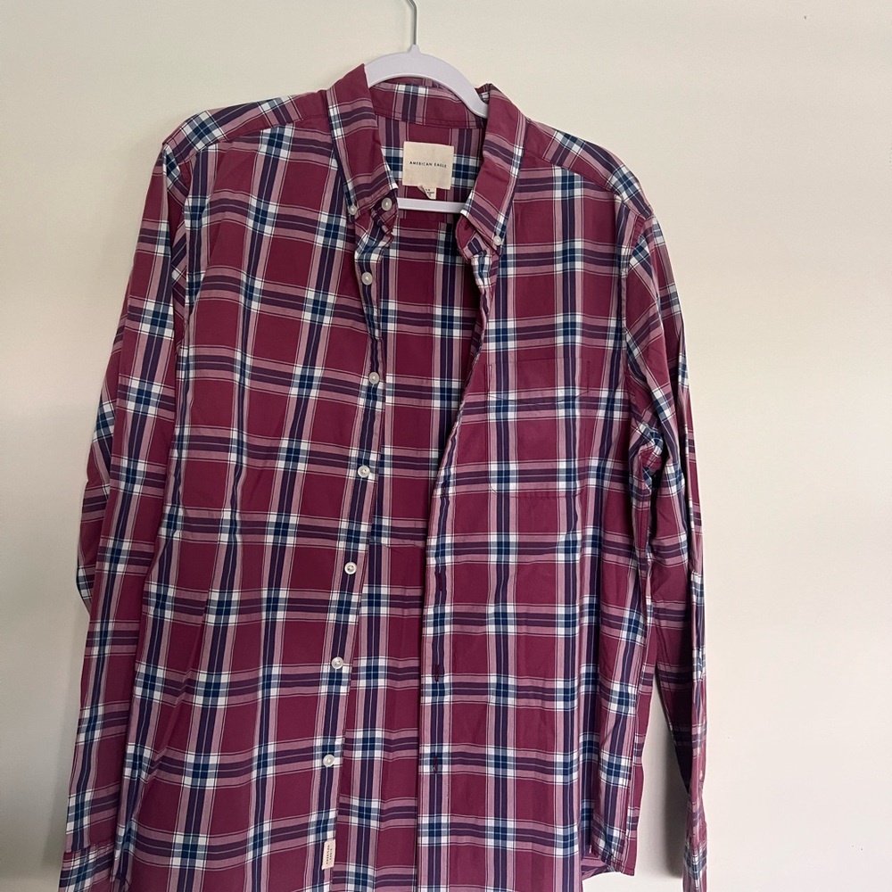 American Eagle Men's Plaid Shirt - Purple and Blue Size L Large